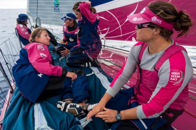 Team SCA - Crew on the bow waiting for the wind to decide if it's going to pick up or completely die - Volvo Ocean Race 2014-15 © Anna-Lena Elled/Team SCA